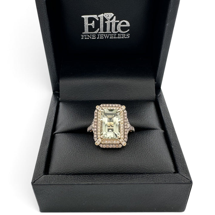 Mint Julip Emerald Cut Quartz with Chocolate and Nude Diamond Halo Cocktail Ring in 14k Yellow Gold by Le Vian