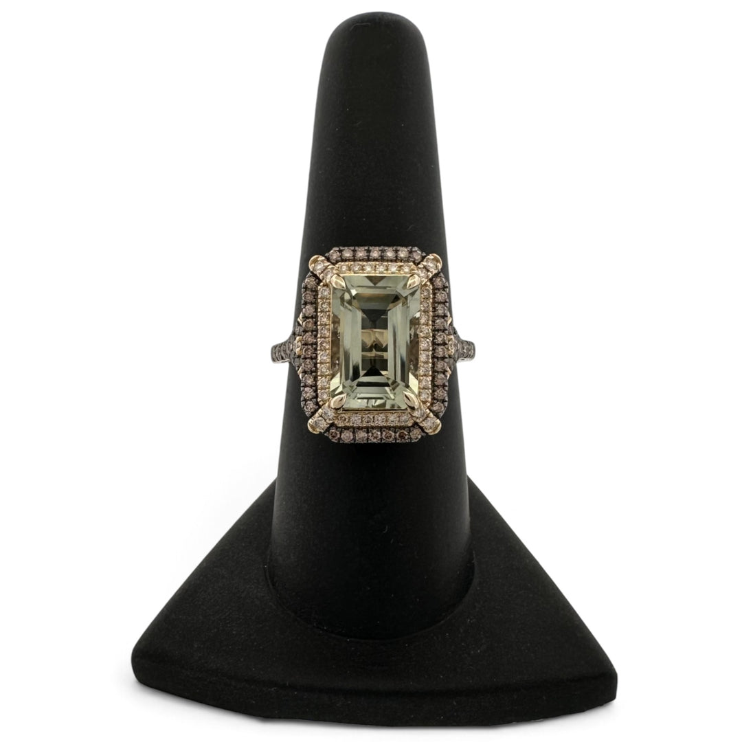 Mint Julip Emerald Cut Quartz with Chocolate and Nude Diamond Halo Cocktail Ring in 14k Yellow Gold by Le Vian