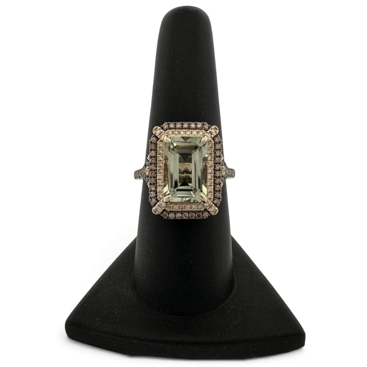 Mint Julip Emerald Cut Quartz with Chocolate and Nude Diamond Halo Cocktail Ring in 14k Yellow Gold by Le Vian