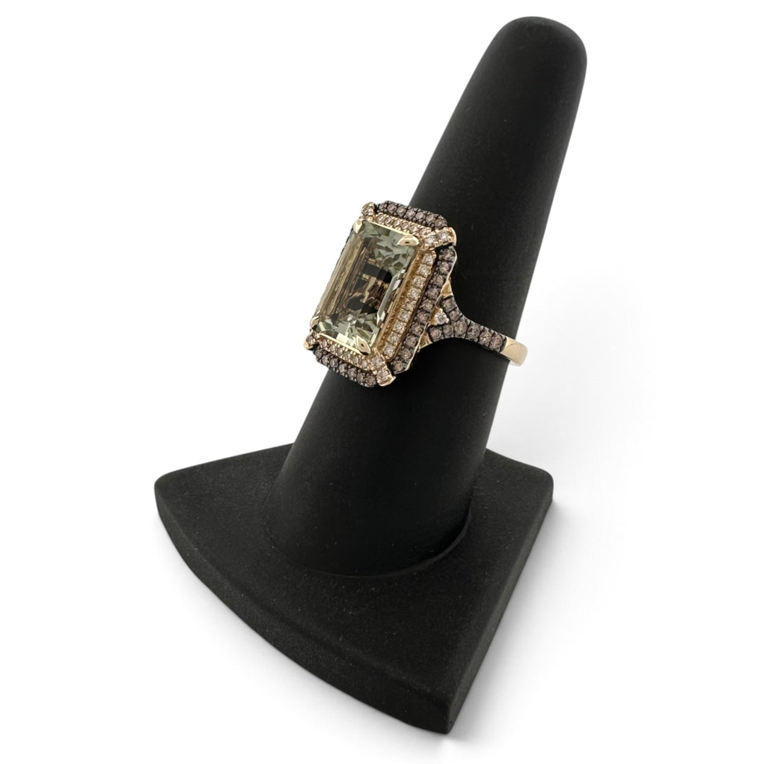 Mint Julip Emerald Cut Quartz with Chocolate and Nude Diamond Halo Cocktail Ring in 14k Yellow Gold by Le Vian