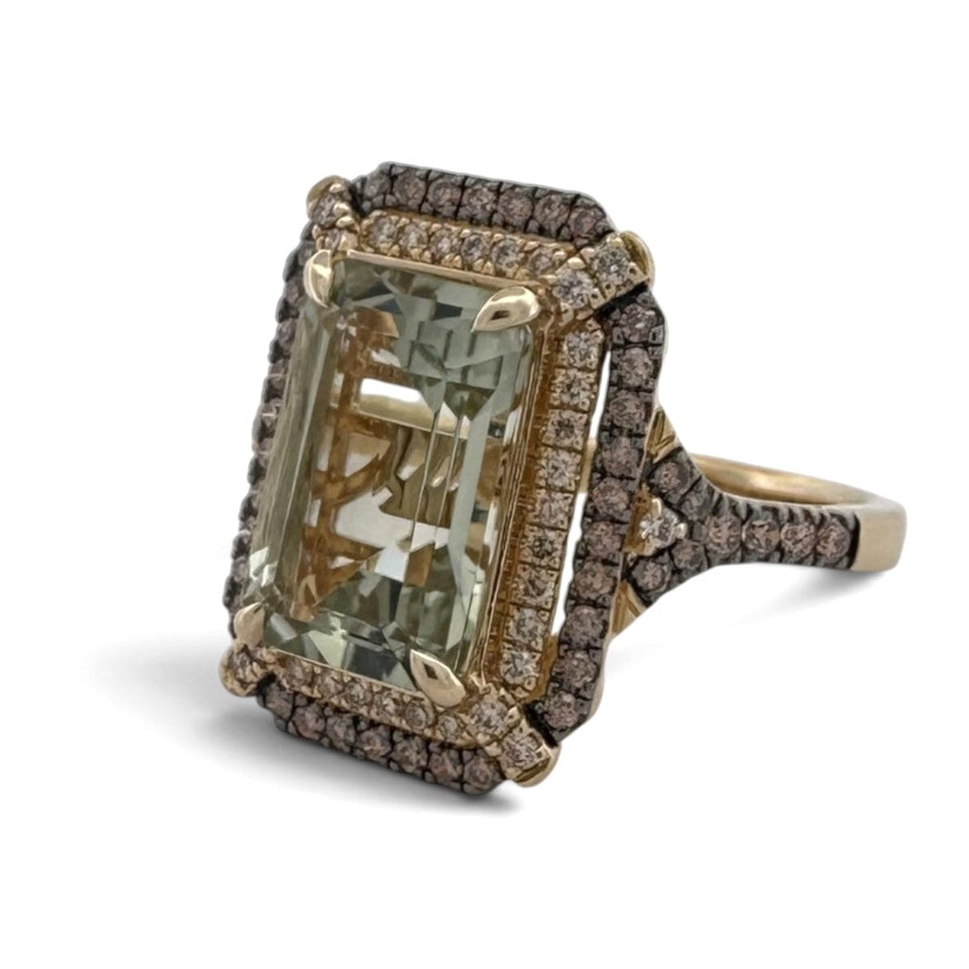 Mint Julip Emerald Cut Quartz with Chocolate and Nude Diamond Halo Cocktail Ring in 14k Yellow Gold by Le Vian