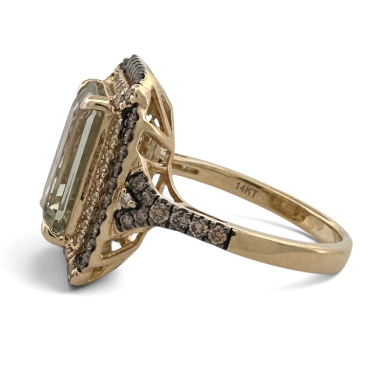Mint Julip Emerald Cut Quartz with Chocolate and Nude Diamond Halo Cocktail Ring in 14k Yellow Gold by Le Vian