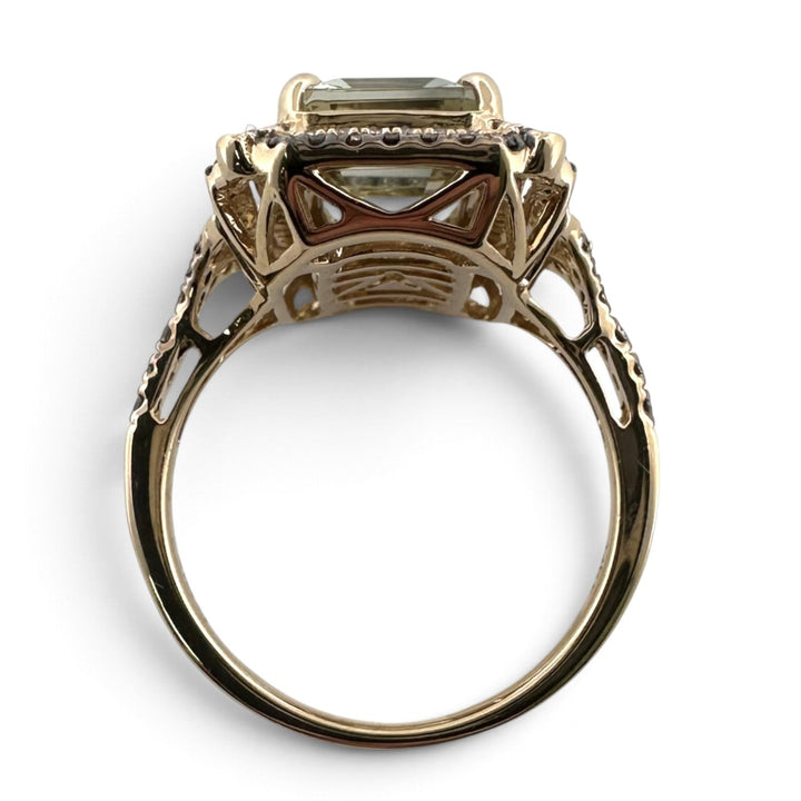 Mint Julip Emerald Cut Quartz with Chocolate and Nude Diamond Halo Cocktail Ring in 14k Yellow Gold by Le Vian