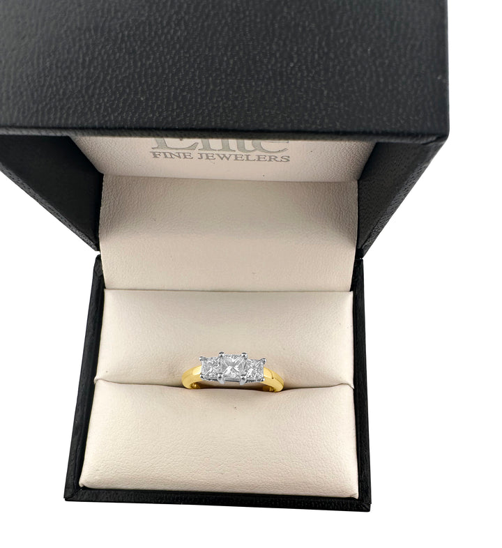 Yellow gold and platinum 3-stone princess cut diamond ring, in ring box