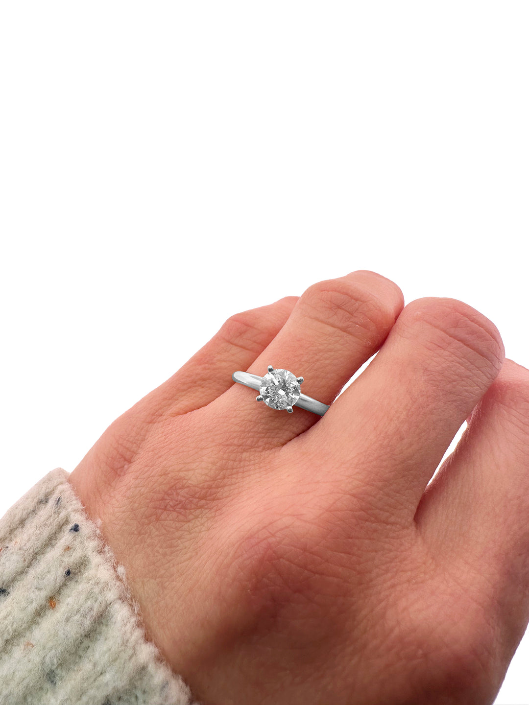 Classic 1.01cts round brilliant solitaire in 14k white gold, on hand