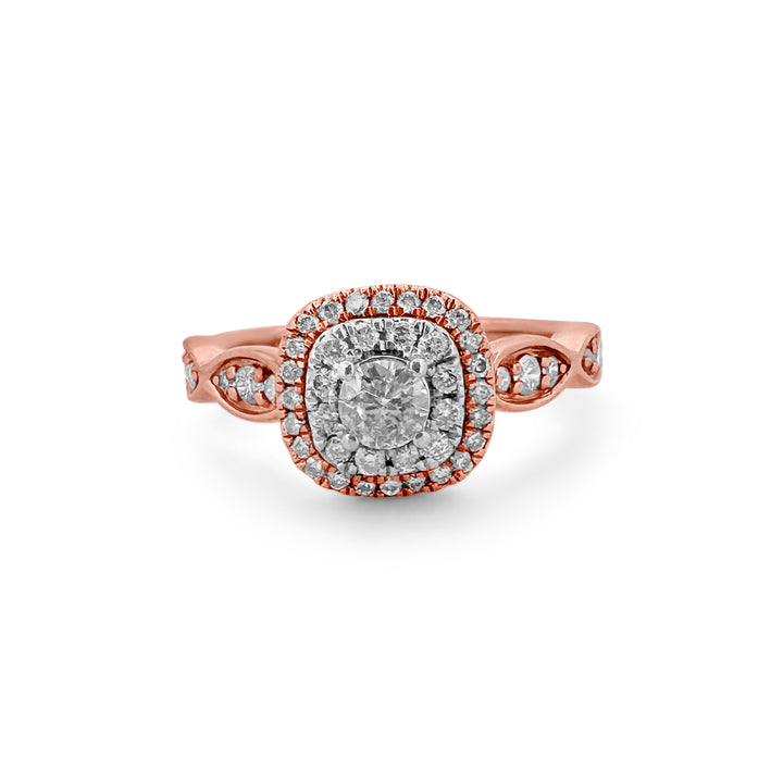 Diamond double halo with scalloped sides, set in 14k rose gold ring