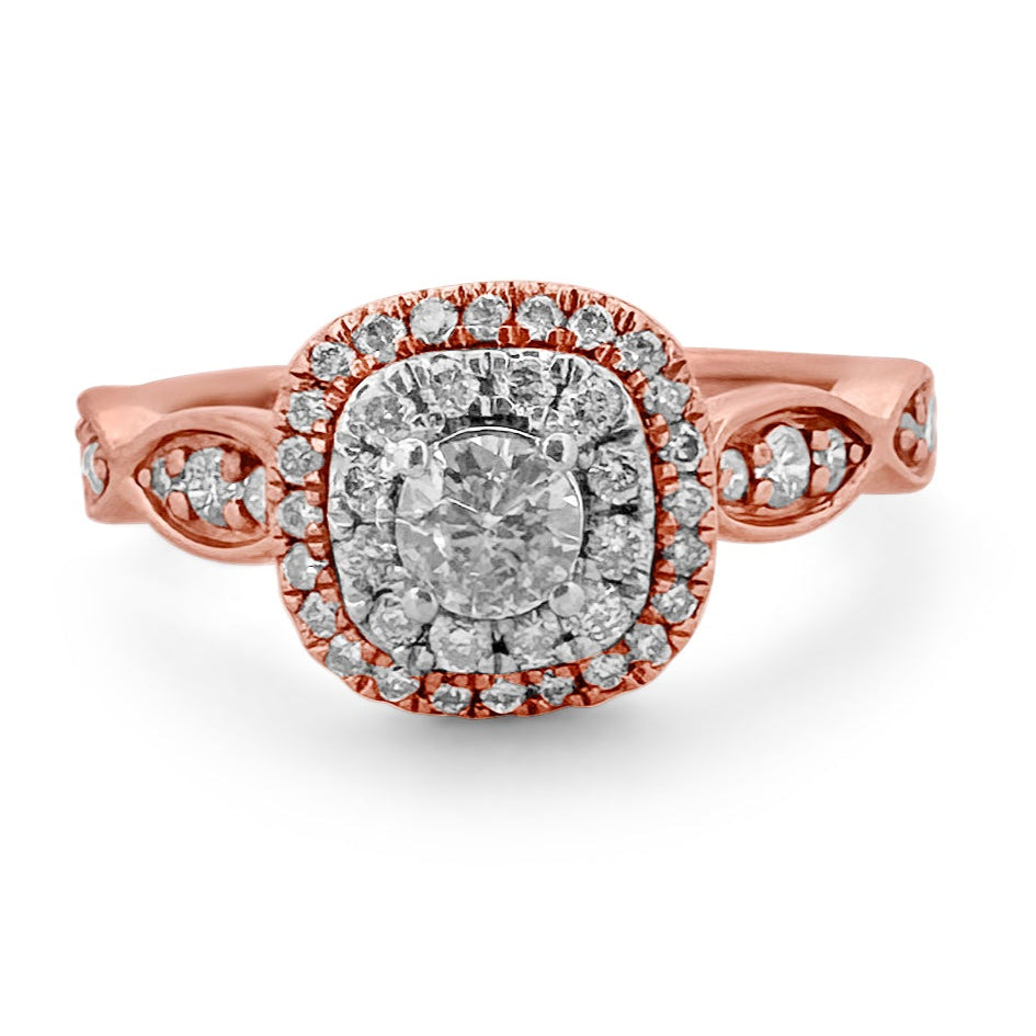 Diamond double halo with scalloped sides, set in 14k rose gold ring
