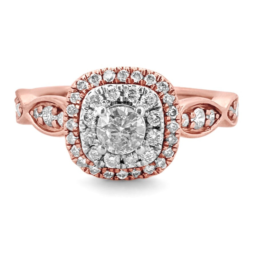 0.60ctw Round Brilliant Natural Diamond Double Halo Engagement Ring in 14k Rose & White Gold