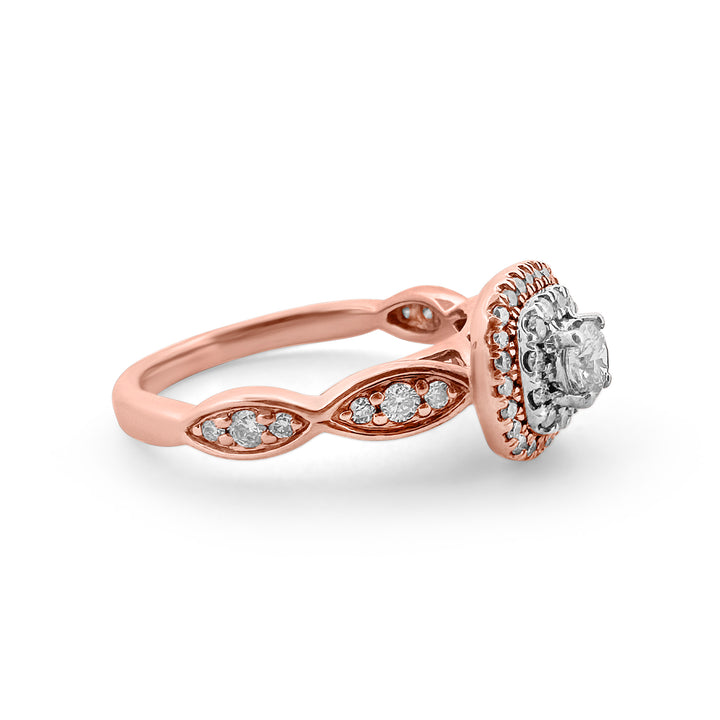 Diamond double halo with scalloped sides, set in 14k rose gold ring, side view