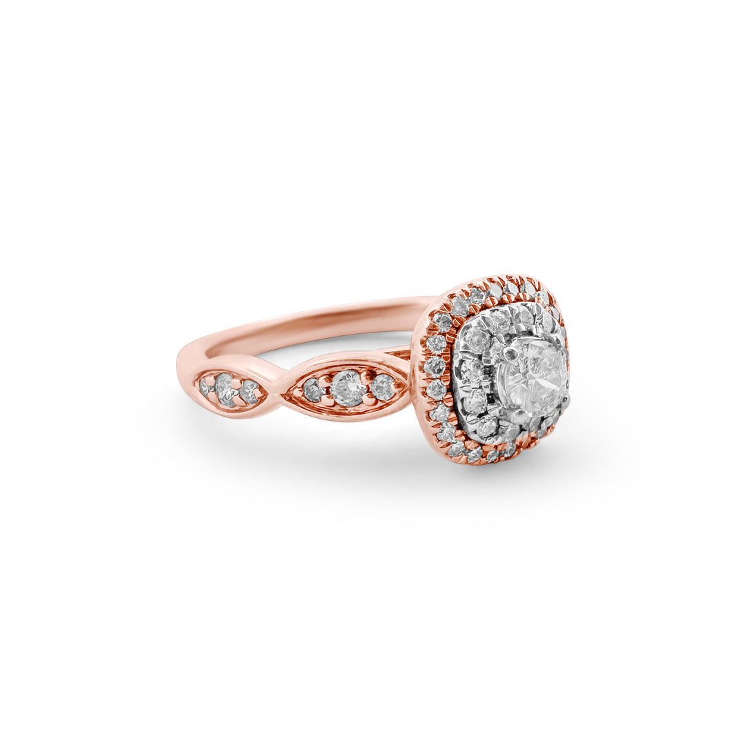 Diamond double halo with scalloped sides, set in 14k rose gold ring, 3/4 view