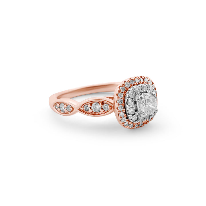 Diamond double halo with scalloped sides, set in 14k rose gold ring, 3/4 view