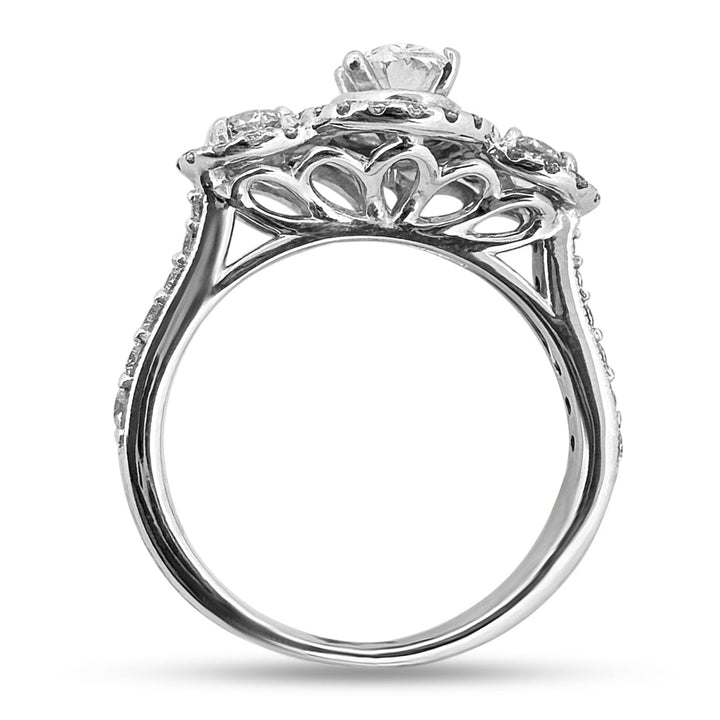 1.11ctw 3-stone Oval and Round Halo Natural Diamond Engagement Ring in 14k White Gold