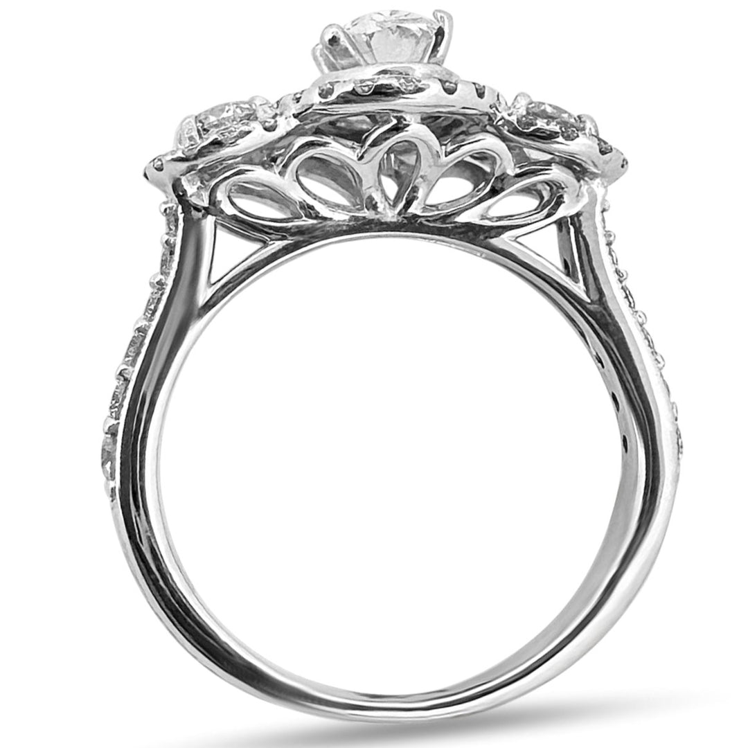 1.11ctw 3-stone Oval and Round Halo Natural Diamond Engagement Ring in 14k White Gold