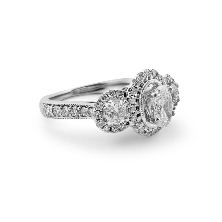 1.16ctw 3-stone Oval and Round Halo Engagement Ring in 14k White Gold, 3/4 view