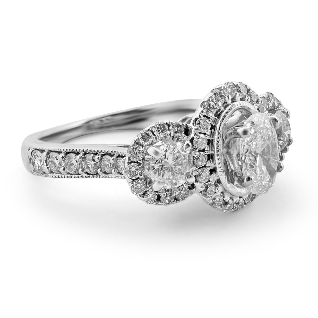 1.16ctw 3-stone Oval and Round Halo Engagement Ring in 14k White Gold, 3/4 view