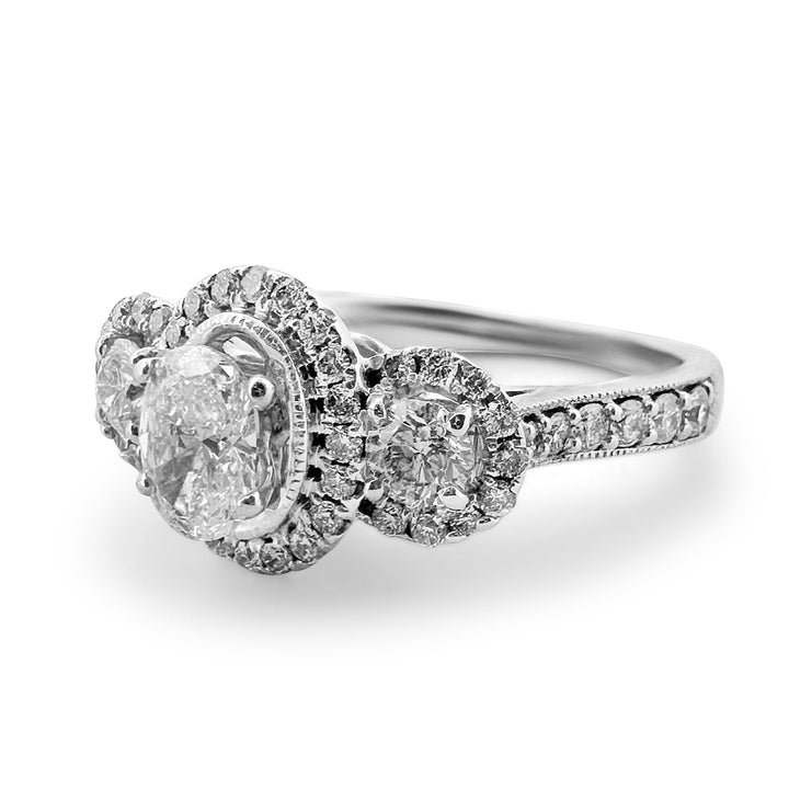 1.11ctw 3-stone Oval and Round Halo Natural Diamond Engagement Ring in 14k White Gold