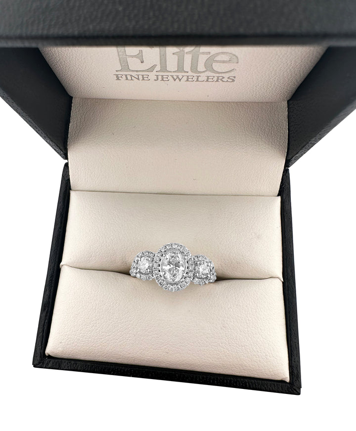 1.16ctw 3-stone Oval and Round Halo Engagement Ring in 14k White Gold, in ring box