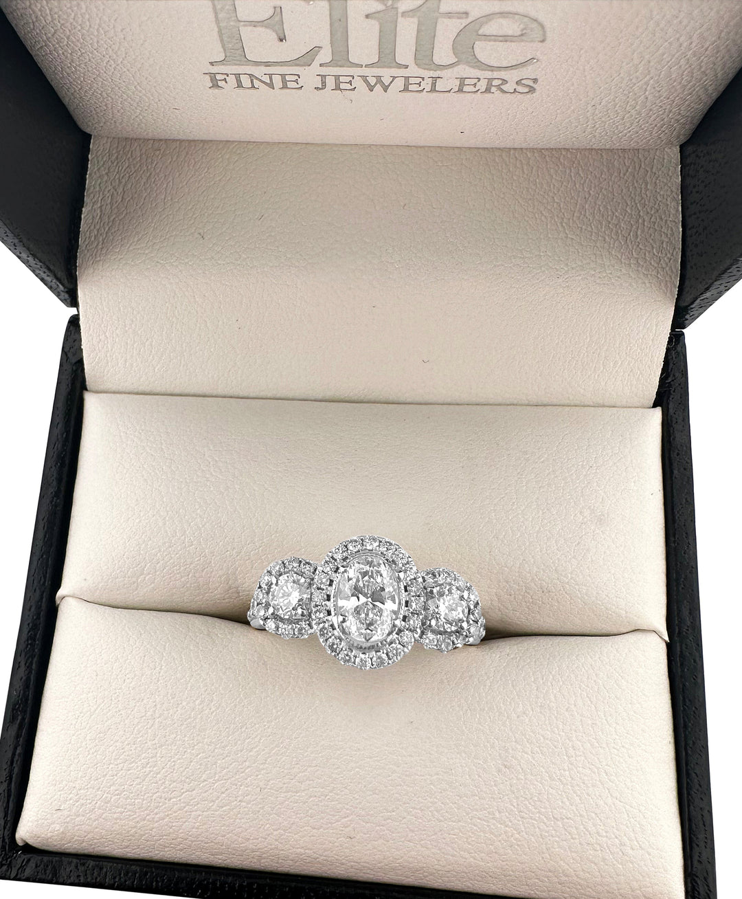 1.16ctw 3-stone Oval and Round Halo Engagement Ring in 14k White Gold, in ring box