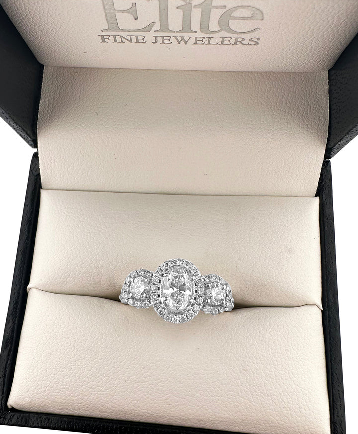 1.11ctw 3-stone Oval and Round Halo Natural Diamond Engagement Ring in 14k White Gold