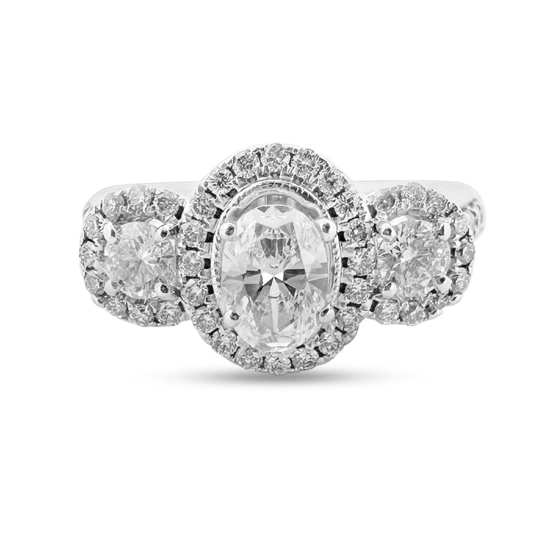 1.16ctw 3-stone Oval and Round Halo Engagement Ring in 14k White Gold