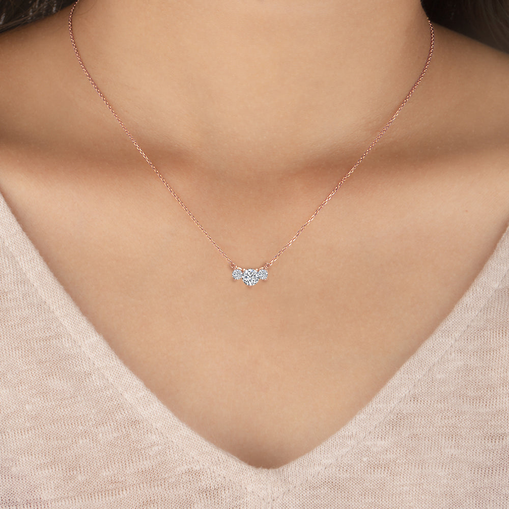 0.90ctw Round Brilliant Lab-Grown Diamond 3-Stone Necklace in 14k Rose Gold