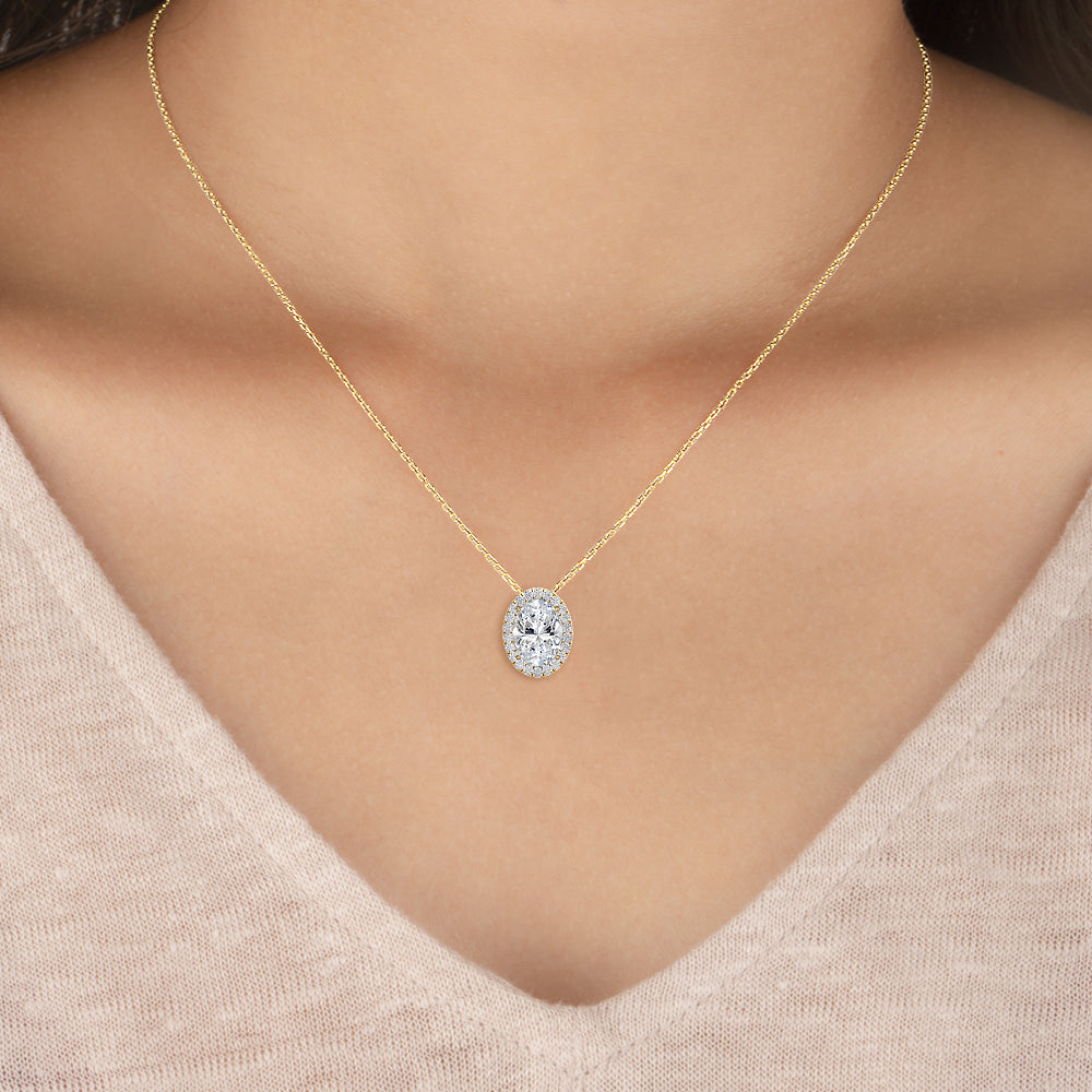 0.73ctw Oval & Round Brilliant Lab-Grown Diamond Halo Necklace in 14k Yellow Gold