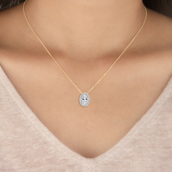 0.73ctw Oval & Round Brilliant Lab-Grown Diamond Halo Necklace in 14k Yellow Gold
