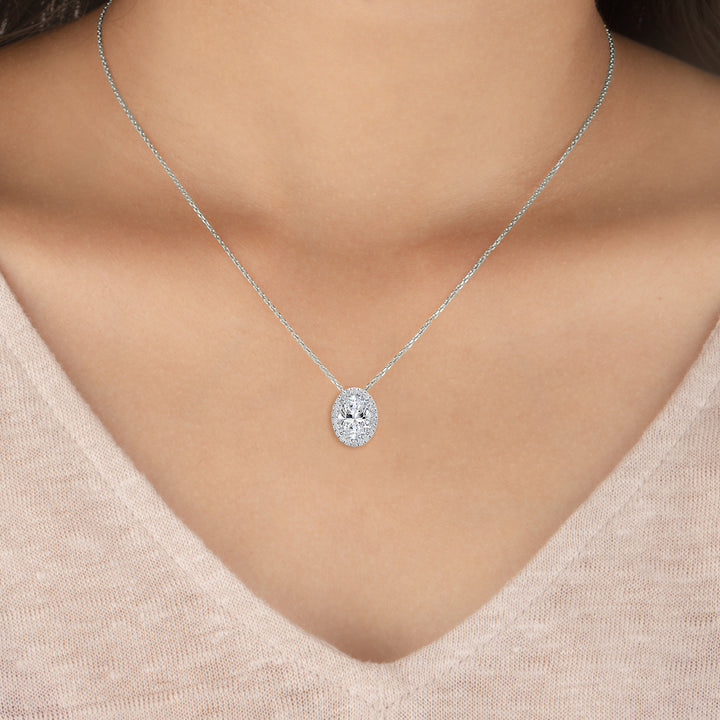 0.73ctw Oval & Round Brilliant Lab-Grown Diamond Halo Necklace in 14k White Gold