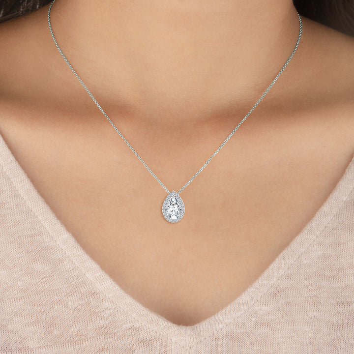 0.81ctw Pear & Round Brilliant Lab-Grown Diamond Halo Pendant Necklace in 14k White Gold