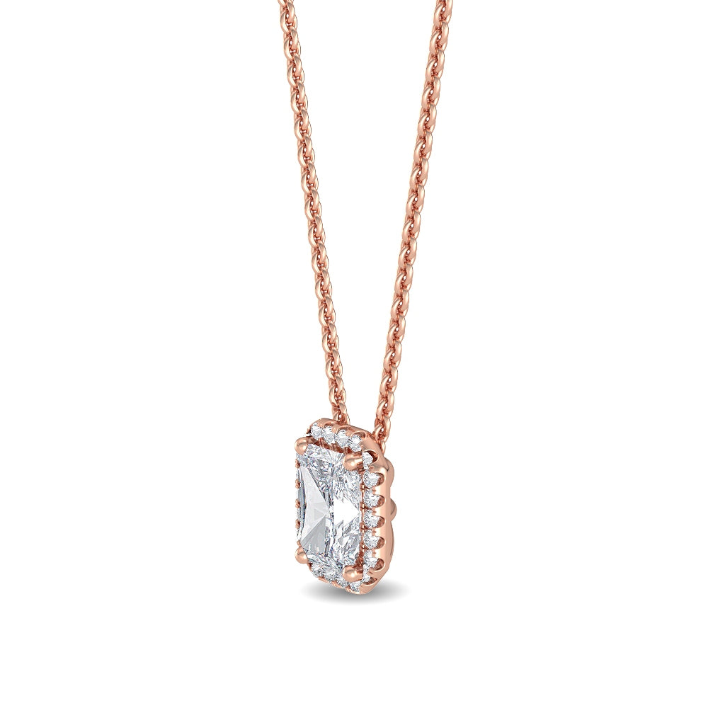 0.80ctw Emerald Cut & Round Brilliant Lab-Grown Diamond Halo Pendant Necklace in 14k Rose Gold