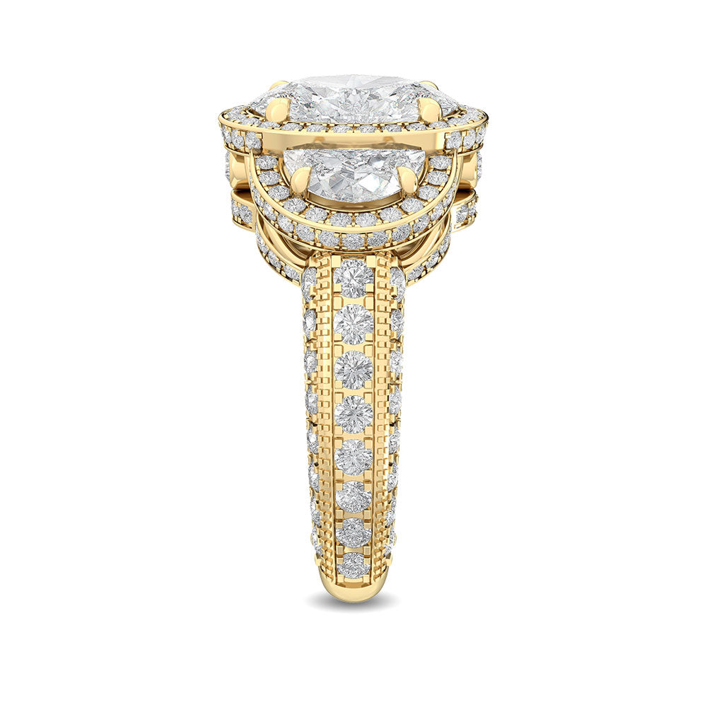 4.50ctw Oval with Half-Moon Lab-Grown Diamond 3-Stone Halo Engagement Ring in 14k Yellow Gold