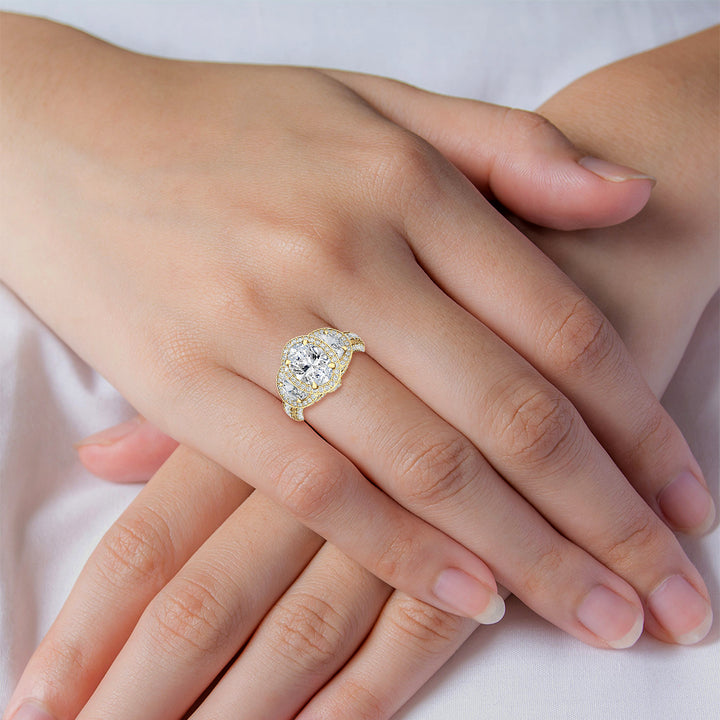 4.50ctw Oval with Half-Moon Lab-Grown Diamond 3-Stone Halo Engagement Ring in 14k Yellow Gold