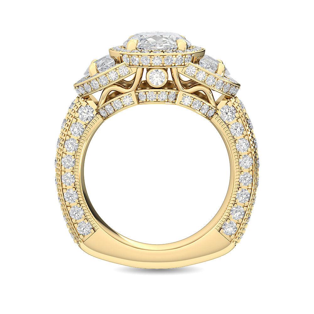4.50ctw Oval with Half-Moon Lab-Grown Diamond 3-Stone Halo Engagement Ring in 14k Yellow Gold