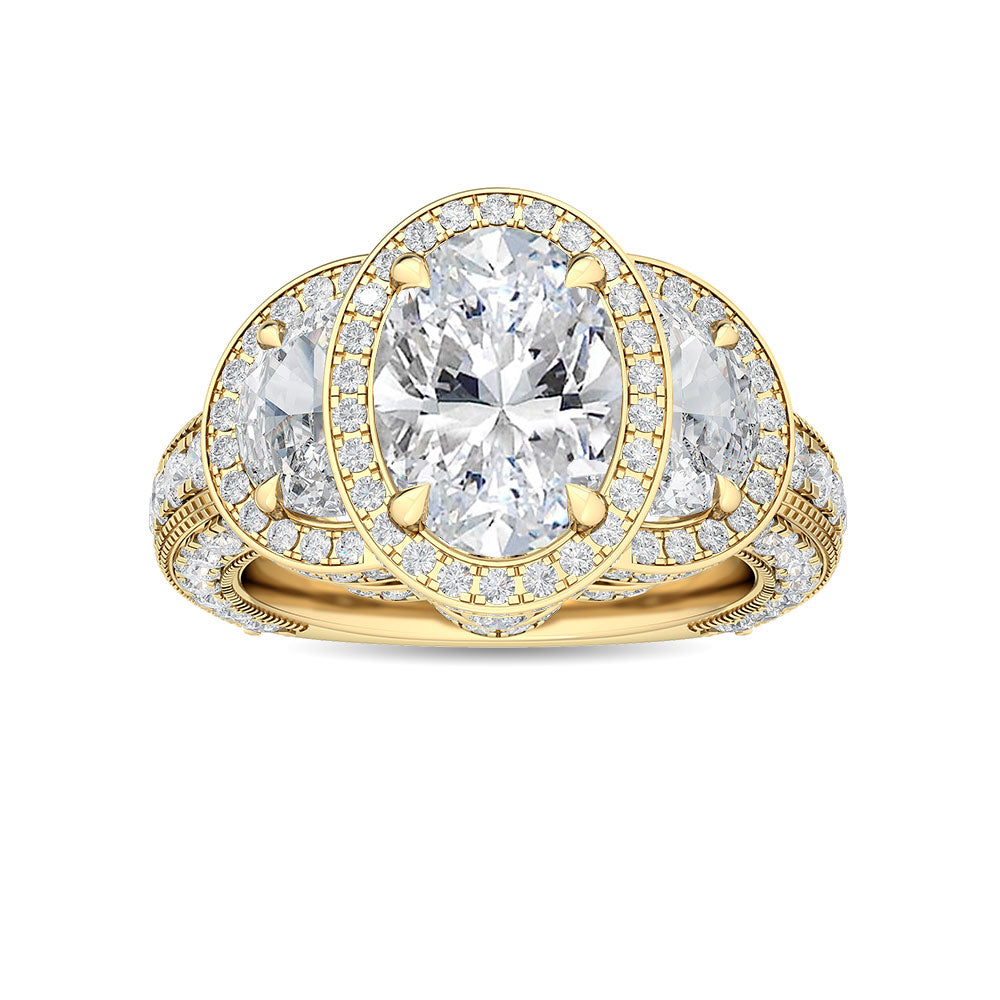 4.50ctw Oval with Half-Moon Lab-Grown Diamond 3-Stone Halo Engagement Ring in 14k Yellow Gold