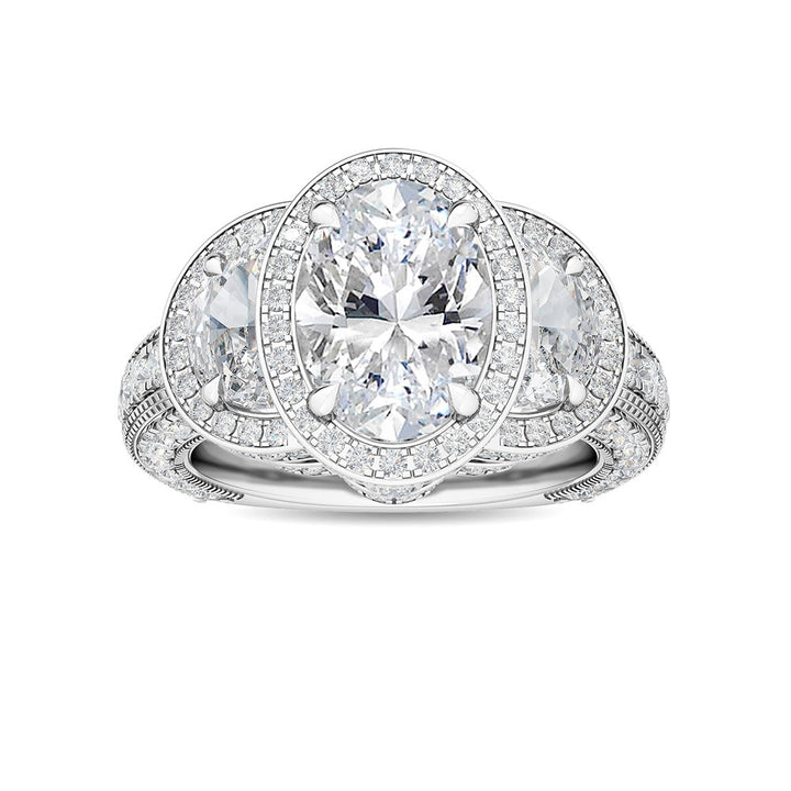4.50ctw Oval with Half-Moon Lab-Grown Diamond 3-Stone Halo Engagement Ring in 14k White Gold