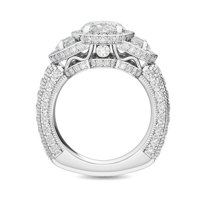 4.50ctw Oval with Half-Moon Lab-Grown Diamond 3-Stone Halo Engagement Ring in 14k White Gold