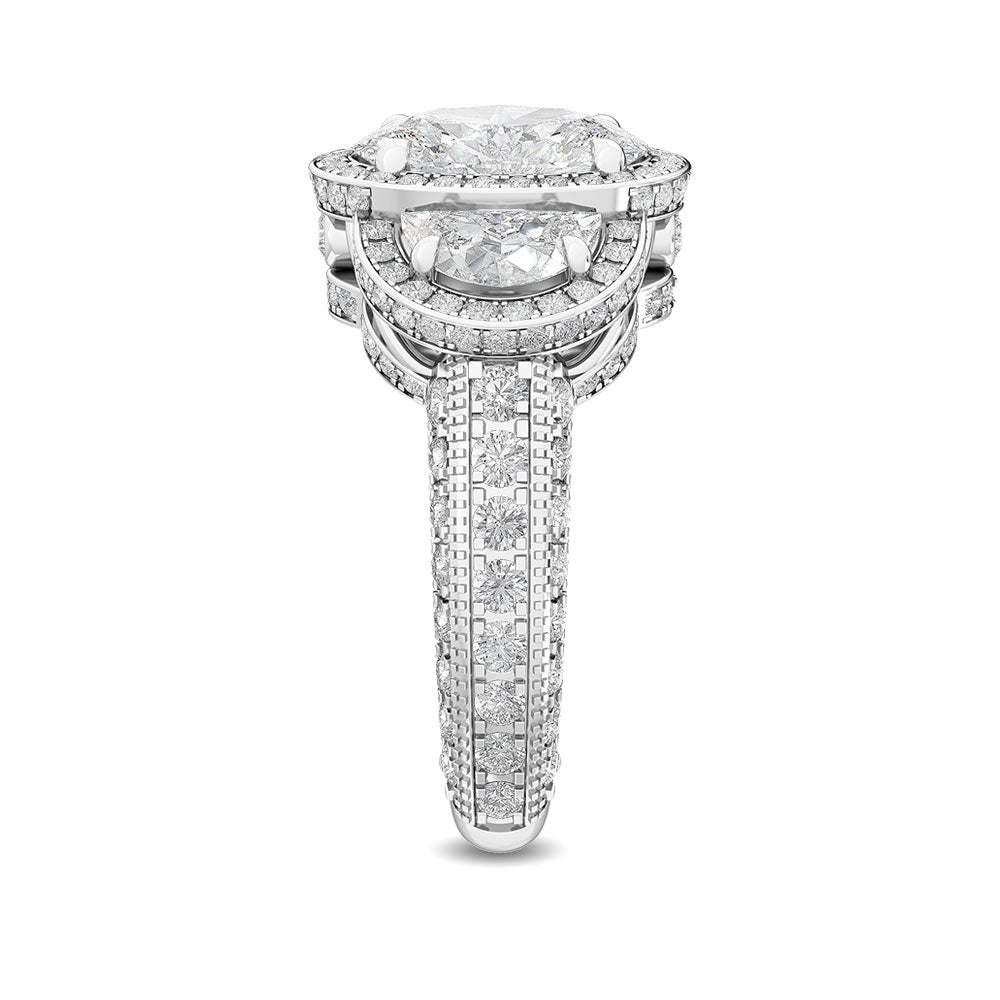 4.50ctw Oval with Half-Moon Lab-Grown Diamond 3-Stone Halo Engagement Ring in 14k White Gold