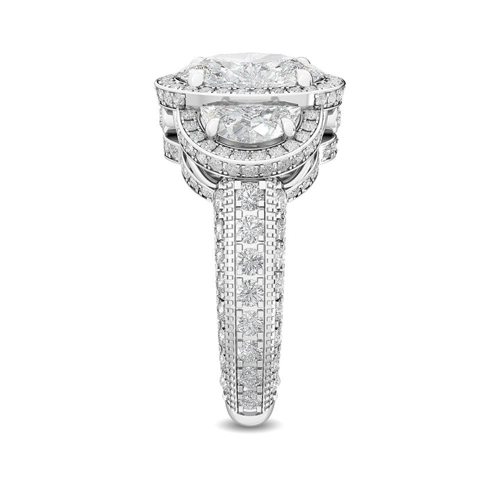 4.50ctw Oval with Half-Moon Lab-Grown Diamond 3-Stone Halo Engagement Ring in 14k White Gold
