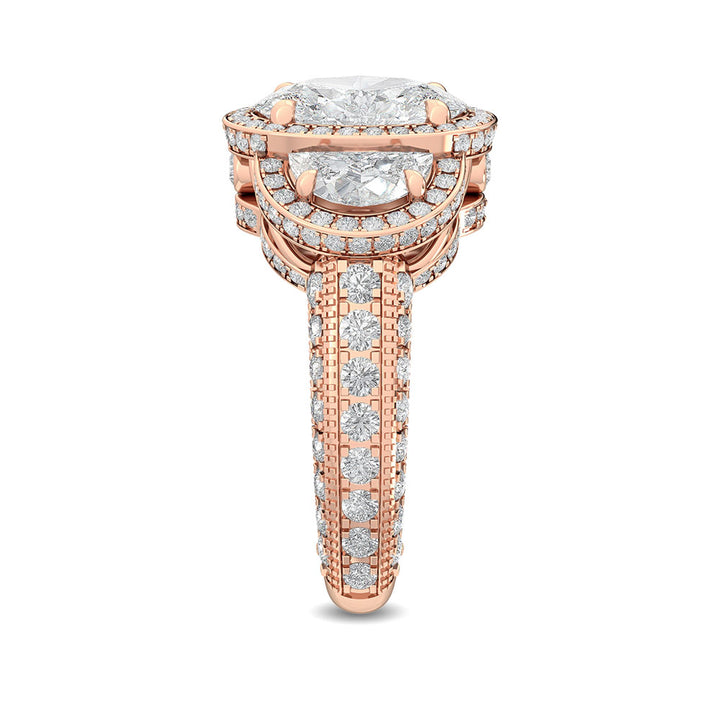 4.50ctw Oval with Half-Moon Lab-Grown Diamond 3-Stone Halo Engagement Ring in 14k Rose Gold