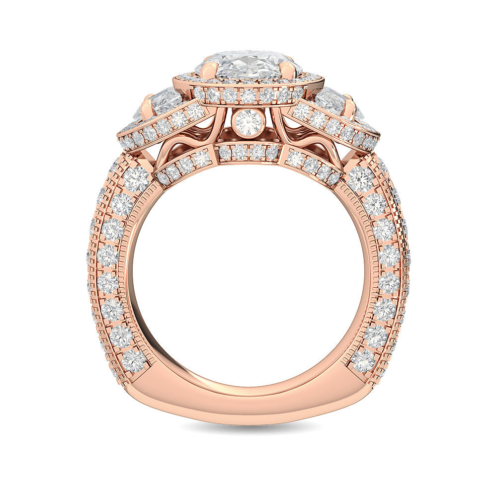 4.50ctw Oval with Half-Moon Lab-Grown Diamond 3-Stone Halo Engagement Ring in 14k Rose Gold