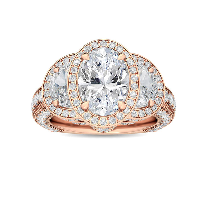 4.50ctw Oval with Half-Moon Lab-Grown Diamond 3-Stone Halo Engagement Ring in 14k Rose Gold