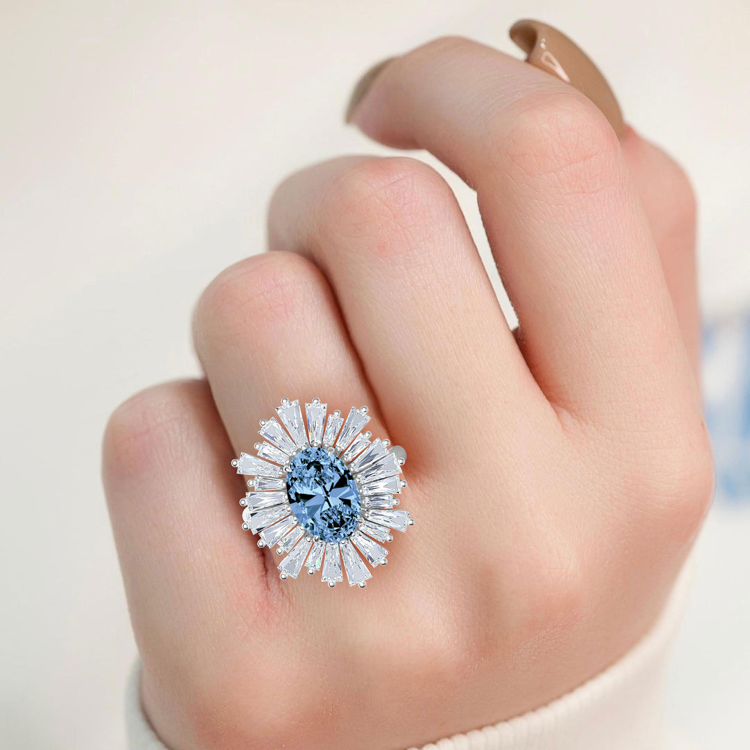 2.04ct Oval Vivid Blue Center and Baguette Lab-Grown Diamond Cocktail Ring in 14k White Gold