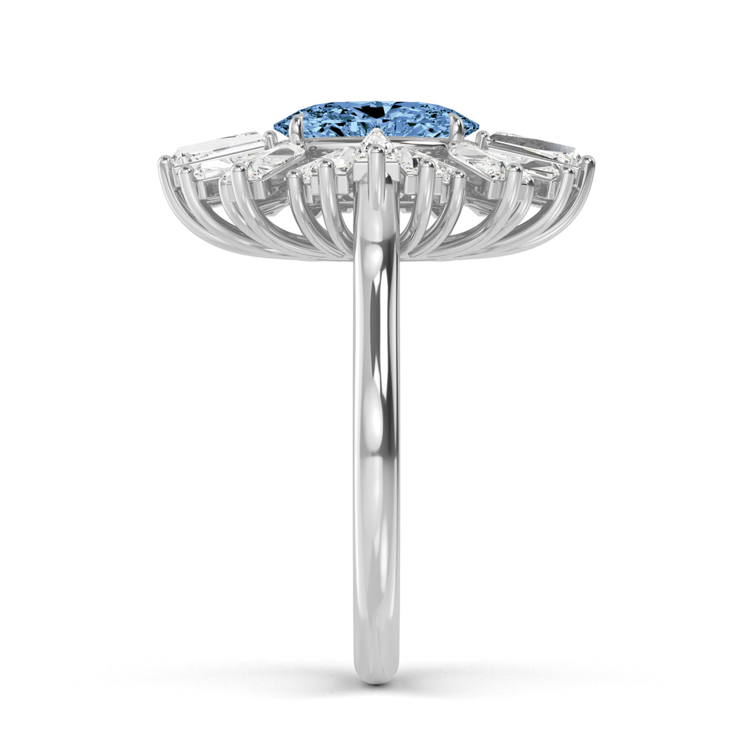 2.04ct Oval Vivid Blue Center and Baguette Lab-Grown Diamond Cocktail Ring in 14k White Gold