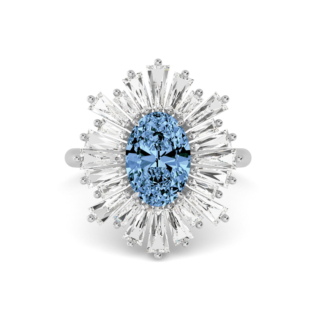 2.04ct Oval Vivid Blue Center and Baguette Lab-Grown Diamond Cocktail Ring in 14k White Gold