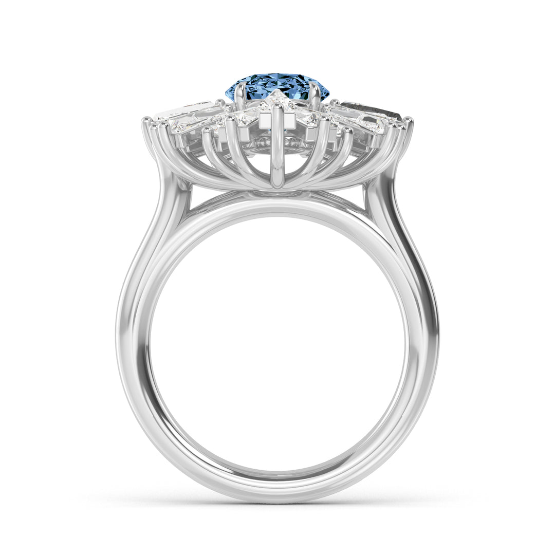 2.04ct Oval Vivid Blue Center and Baguette Lab-Grown Diamond Cocktail Ring in 14k White Gold