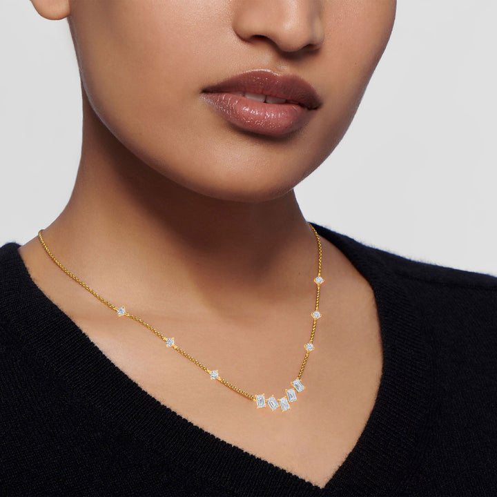 1.89ctw Emerald Cut and Round Brilliant Lab-Grown Diamond Bar Pendant Station Necklace in 14k Yellow Gold