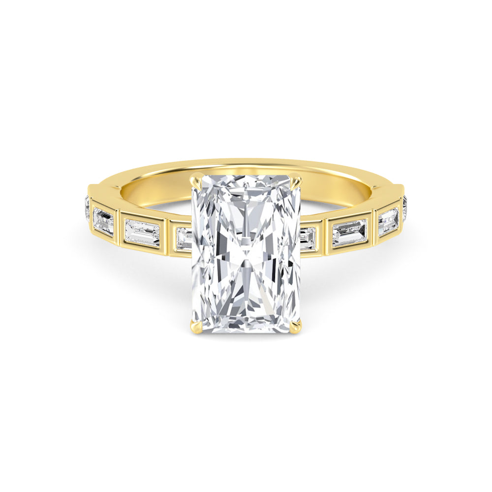 IGI Graded 4.04ct Radiant Cut Center with Baguette Sides Lab-Grown Diamond Engagement Ring in 14k Yellow Gold