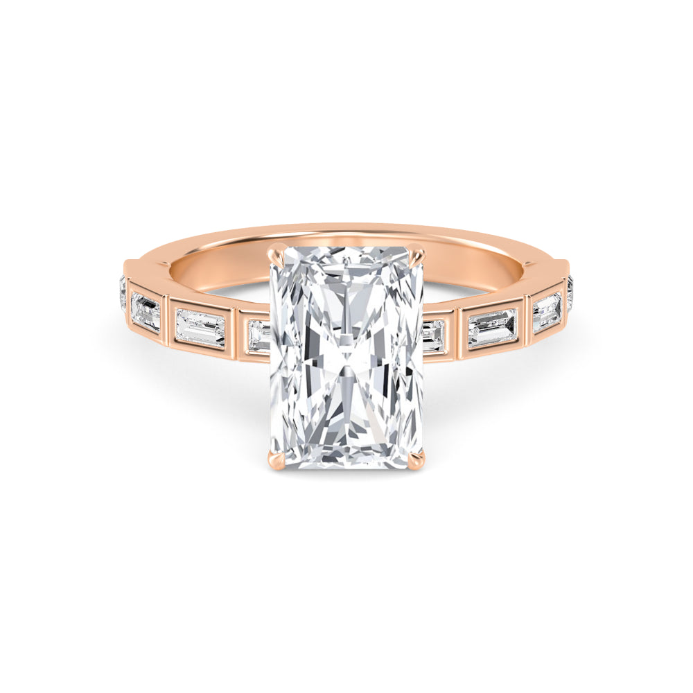 IGI Graded 4.04ct Radiant Cut Center with Baguette Sides Lab-Grown Diamond Engagement Ring in 14k Rose Gold