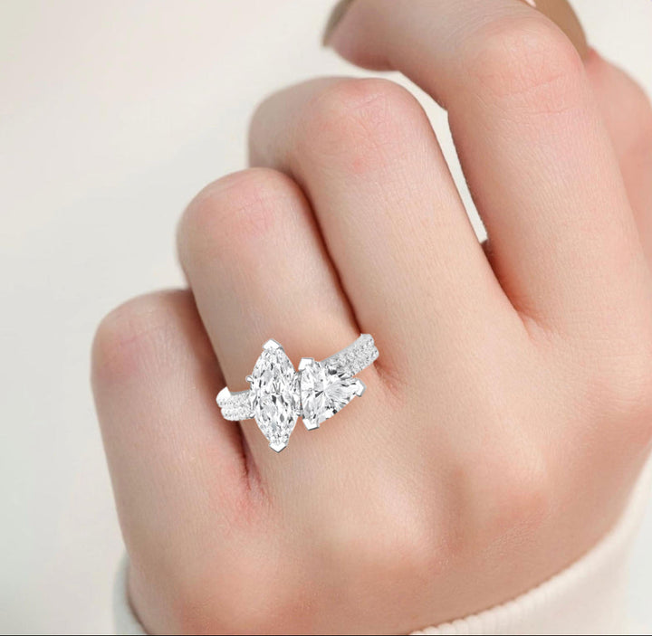 IGI Graded 2.45ctw Marquise & Trilliant with Round Brilliants Lab-Grown Diamond Toi et Moi Engagement Ring in 14k White Gold