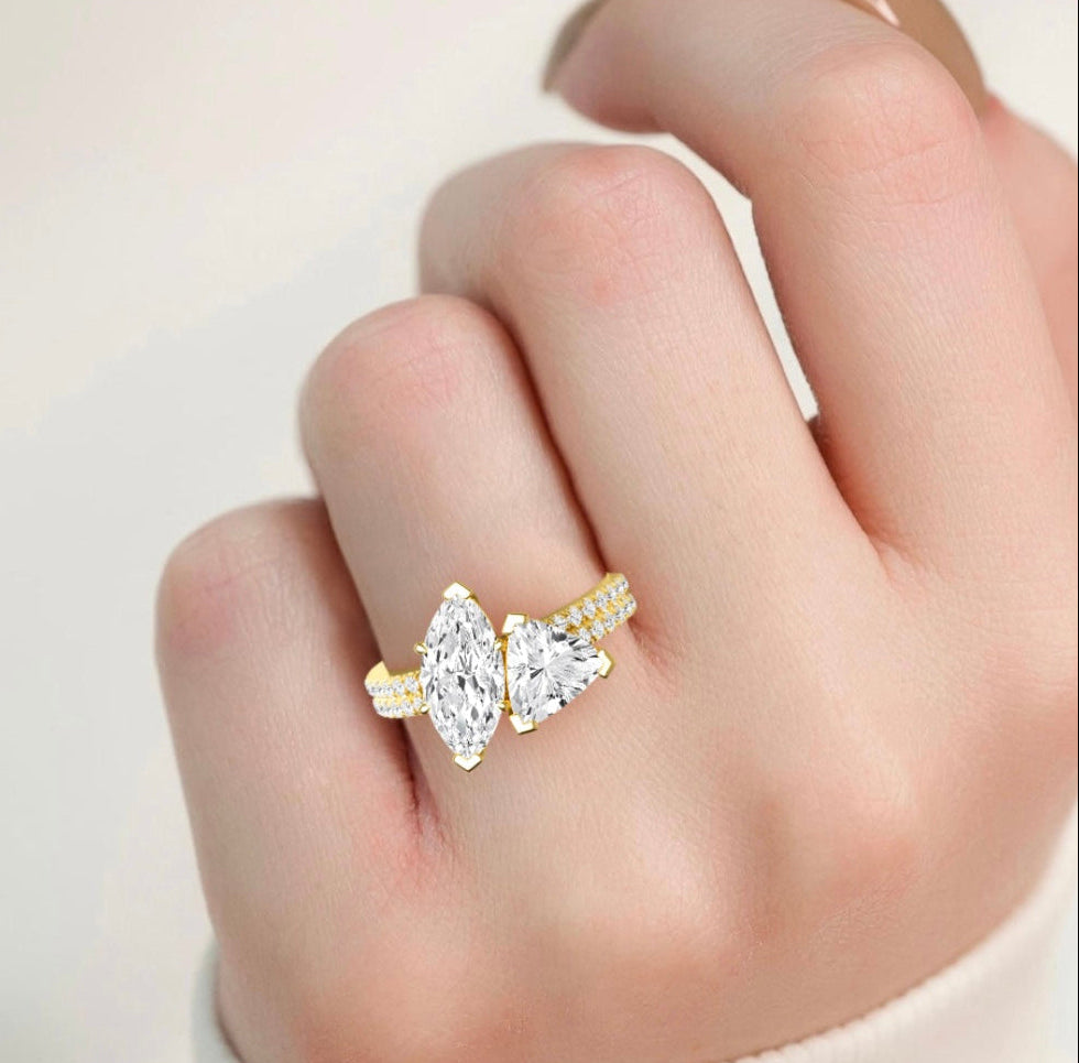 IGI Graded 2.45ctw Marquise & Trilliant with Round Brilliants Lab-Grown Diamond Toi et Moi Engagement Ring in 14k Yellow Gold